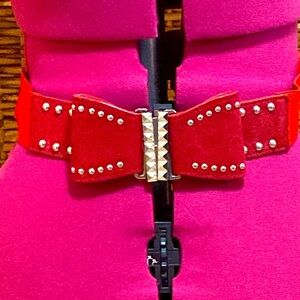VINTAGE EUC Red Stretch Waist Belt with Silver studded bow S/M